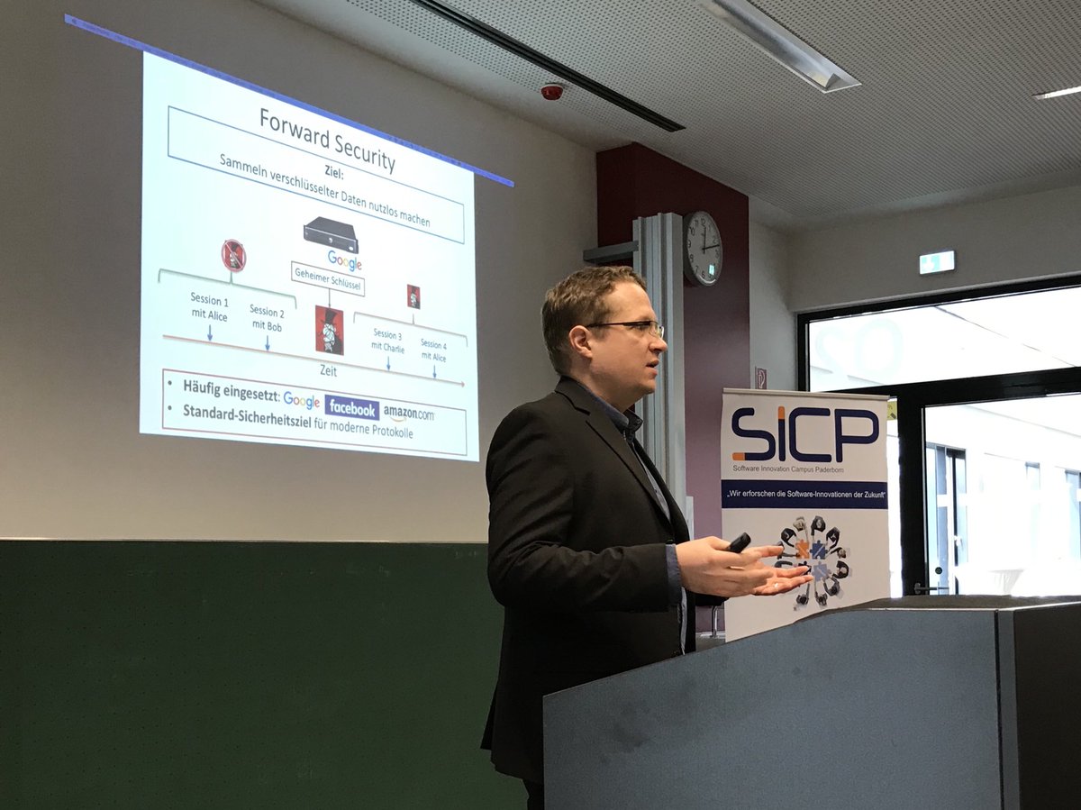SICPaderborn's tweet image. Warum Sicherheitsbehörden verschlüsselte Daten speichern und wie man sich gegen nachträgliche Entschlüsselung wehren kann. Prof. Dr. Tibor Jager @tibor_jager präsentiert aktuelle Forschungsergebnisse zu 0-RTT-Schlüsselaustauschprotokollen mit voller #ForwardSecurity. #TdITS18