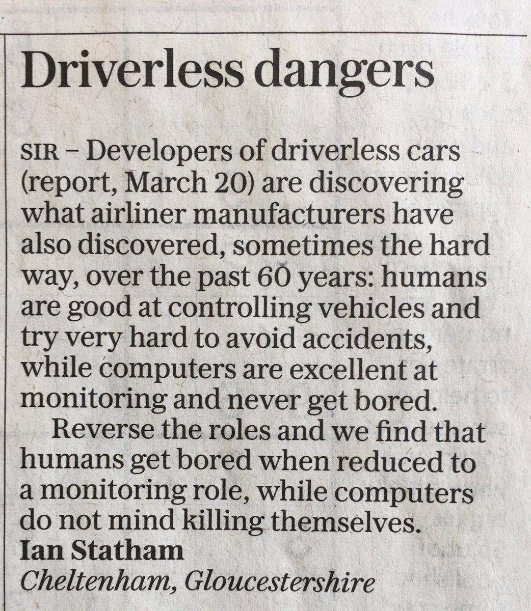 TheRetroExec's tweet image. Mr Statham from Cheltenham writing in today’s @Telegraph seems to have pinpointed the crucial safety issues over #DriverlessCars quite succinctly