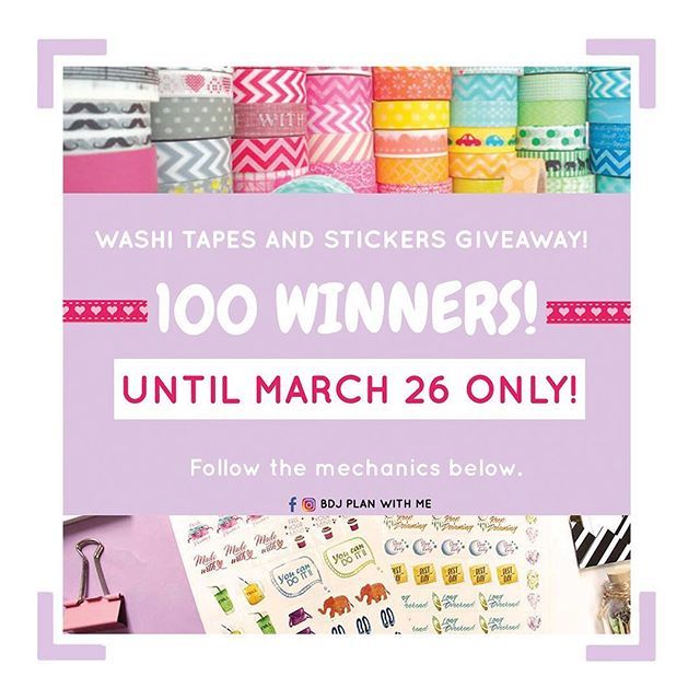 BDJBox's tweet image. 5 DAYS LEFT!
.
We are giving away a set of 5 washi tapes and 4 BDJ stickers to 100 participants! Winners will be selected randomly. Just follow the mechanics below :)
.
1. Join our Facebook community of productive and creative planners, BDJ PlanWithM… ift.tt/2u6U8NH