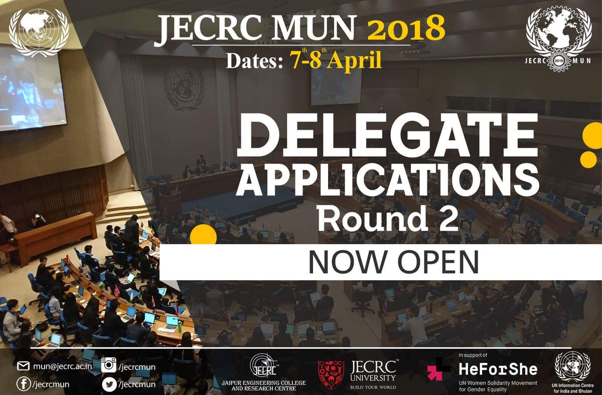 JECRC_MUN's tweet image. JECRC MUN is again opening the window of opportunity for you to witness the most happening MUN in the entire Jaipur. The second round of Delegate Applications is open now.

Apply Here:
jecrcmun.co.in/apply/delegate

jecrcmun.co.in

#JecrcMun #UniteToDebate #HeForShe #UNIC