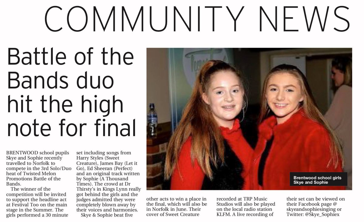 Tommy Wathen (@tommywathen) on Twitter photo READ: Thanks to the <a href="/EssexLive/">Essex Live</a> team for featuring a story about <a href="/SophieGSinger/">SophieGSinger</a> and <a href="/SkyeStackSinger/">Skye Stack</a> reaching the Battle of the Bands final in today's Brentwood Gazette Community section 📝 READ: Thanks to the <a href="/EssexLive/">Essex Live</a> team for featuring a story about <a href="/SophieGSinger/">SophieGSinger</a> and <a href="/SkyeStackSinger/">Skye Stack</a> reaching the Battle of the Bands final in today's Brentwood Gazette Community section 📝