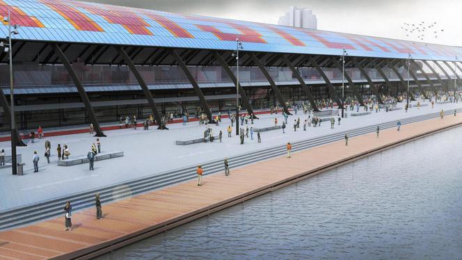 parool's tweet image. Aan de achterzijde van Amsterdam CS komt een ondergrondse fietsenstalling. Op het dak van die stalling wordt een langgerekt plein aangelegd met uitzicht op het IJ  parool.nl/amsterdam/cs-k…