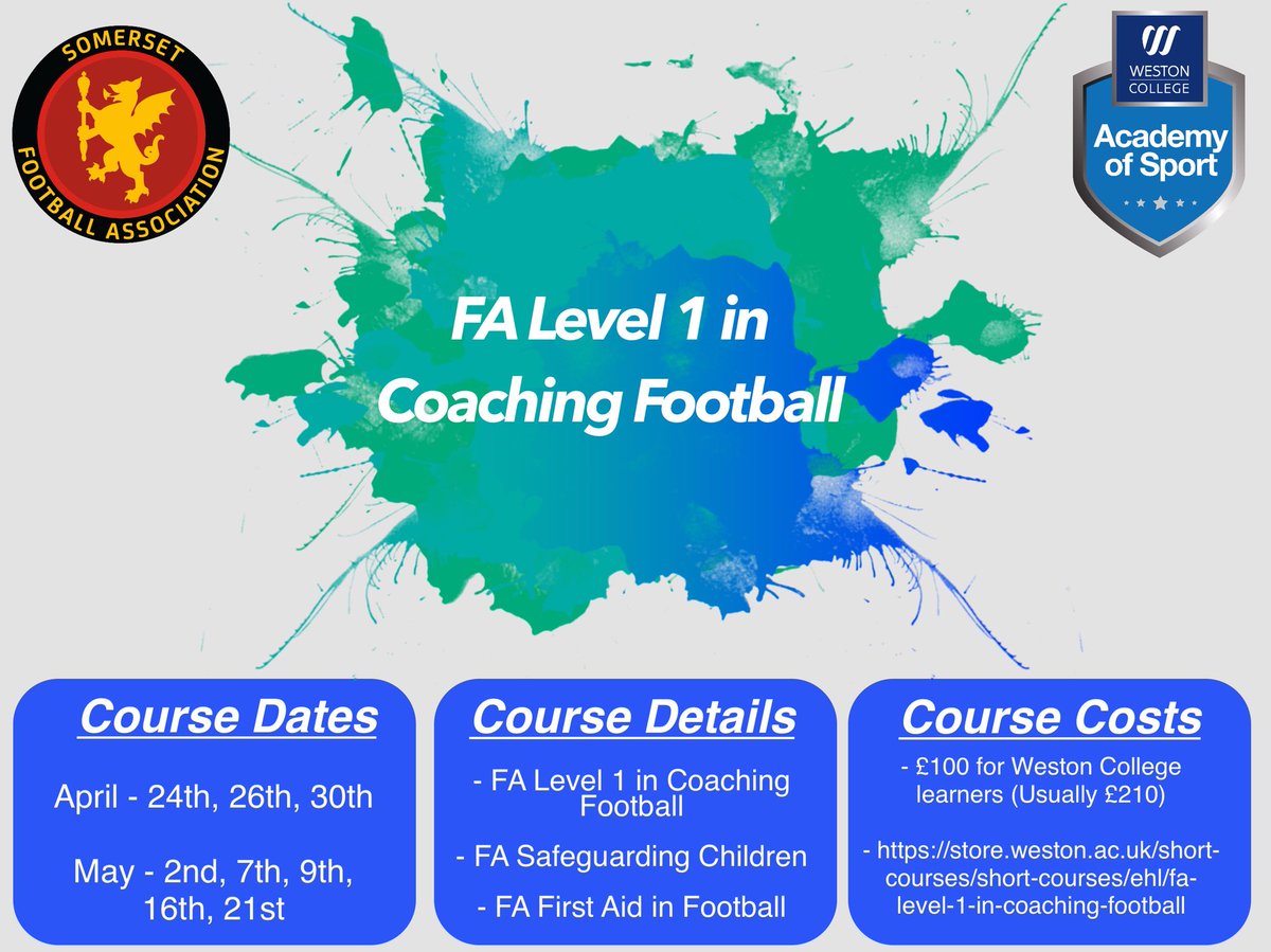 SportWeston's tweet image. ‼️FA LEVEL 1‼️ 

Registration for our FA level 1 is now live, for @westoncollege learners and staff, on our online store. 

SPACES ARE LIMITED so please book early. Deadline is Monday, 16th April. 

#FutureCoaches #WeAreWeston #StudentWorkforce
