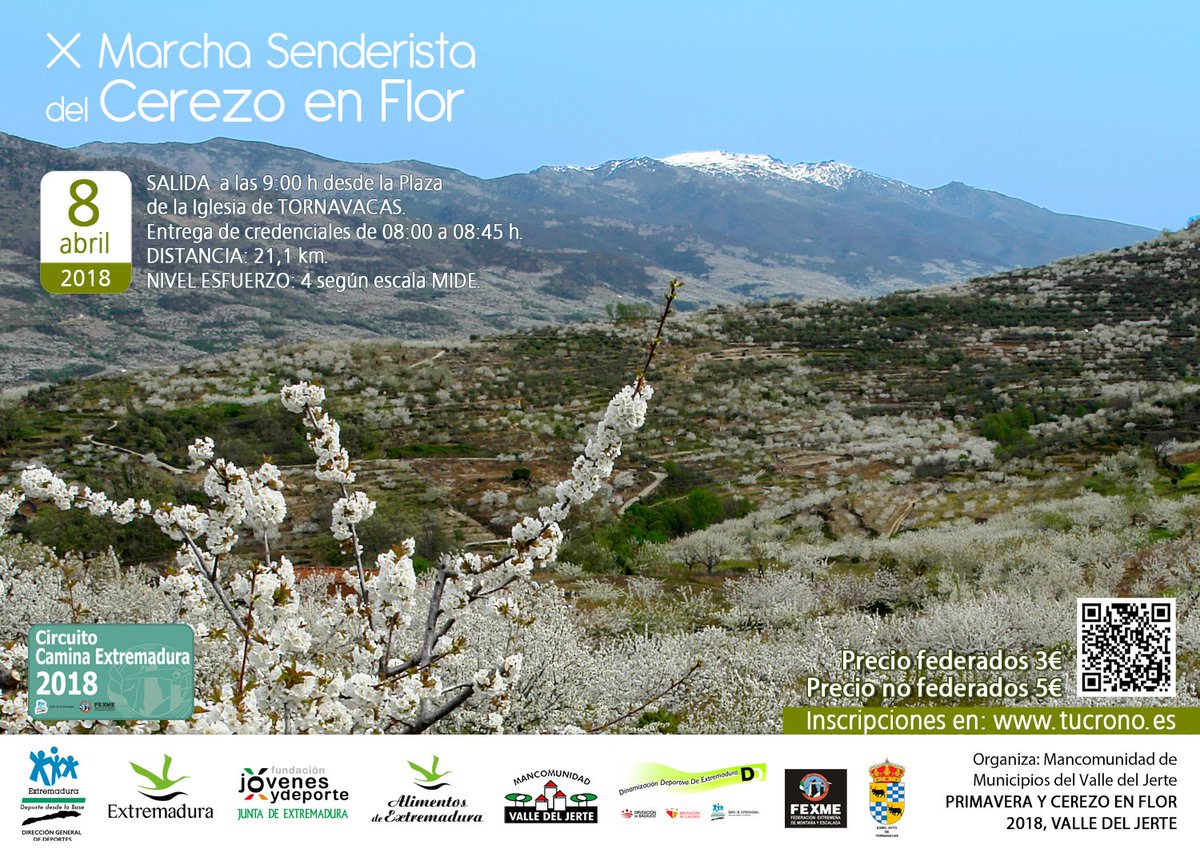 PLAZAS LIMITADAS
🌸💦🌳🌸🐴🌸🌿🐟🌸🌲
La X Marcha Senderista del Cerezo en Flor del VALLE DEL JERTE se celebrará el próximo 8 de abril. Toda la información en: ow.ly/KLOF30j2T2Y