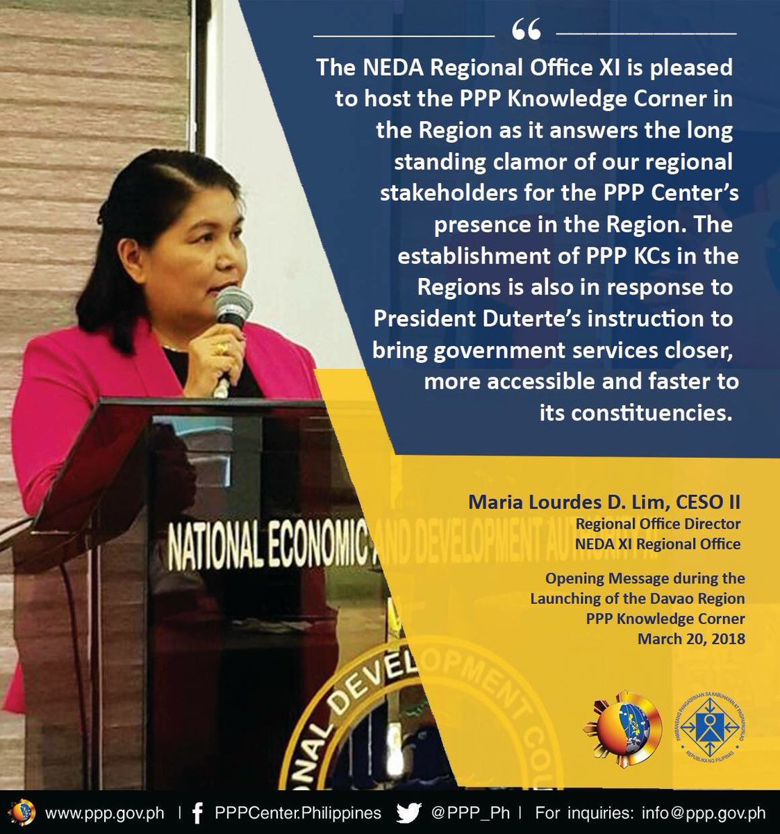 During the launch of the PPP Knowledge Corner at NEDA Davao Regional Office, Regional Director Maria Lourdes Lim highlighted the importance of PPP Center's presence in the region.

#PPPInitiatives #PhPPPprogram #LGUPPPs