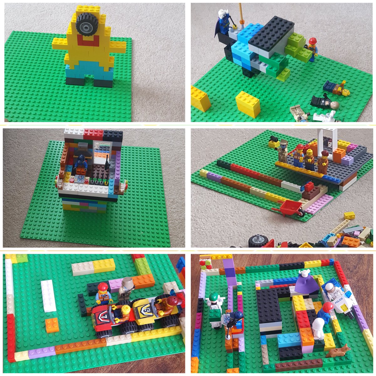 salwal1980's tweet photo. To spark the creativity and get some sneaky subliminal Engineering is cool training in, we have Lego Build Challenges in our house. We choose a theme, grab a blank Lego plate and have 10 minutes to create! Here are some of the works of art/Engineering 😁 #RaisingEngineers #Lego https://t.co/nQhi1c4pMH