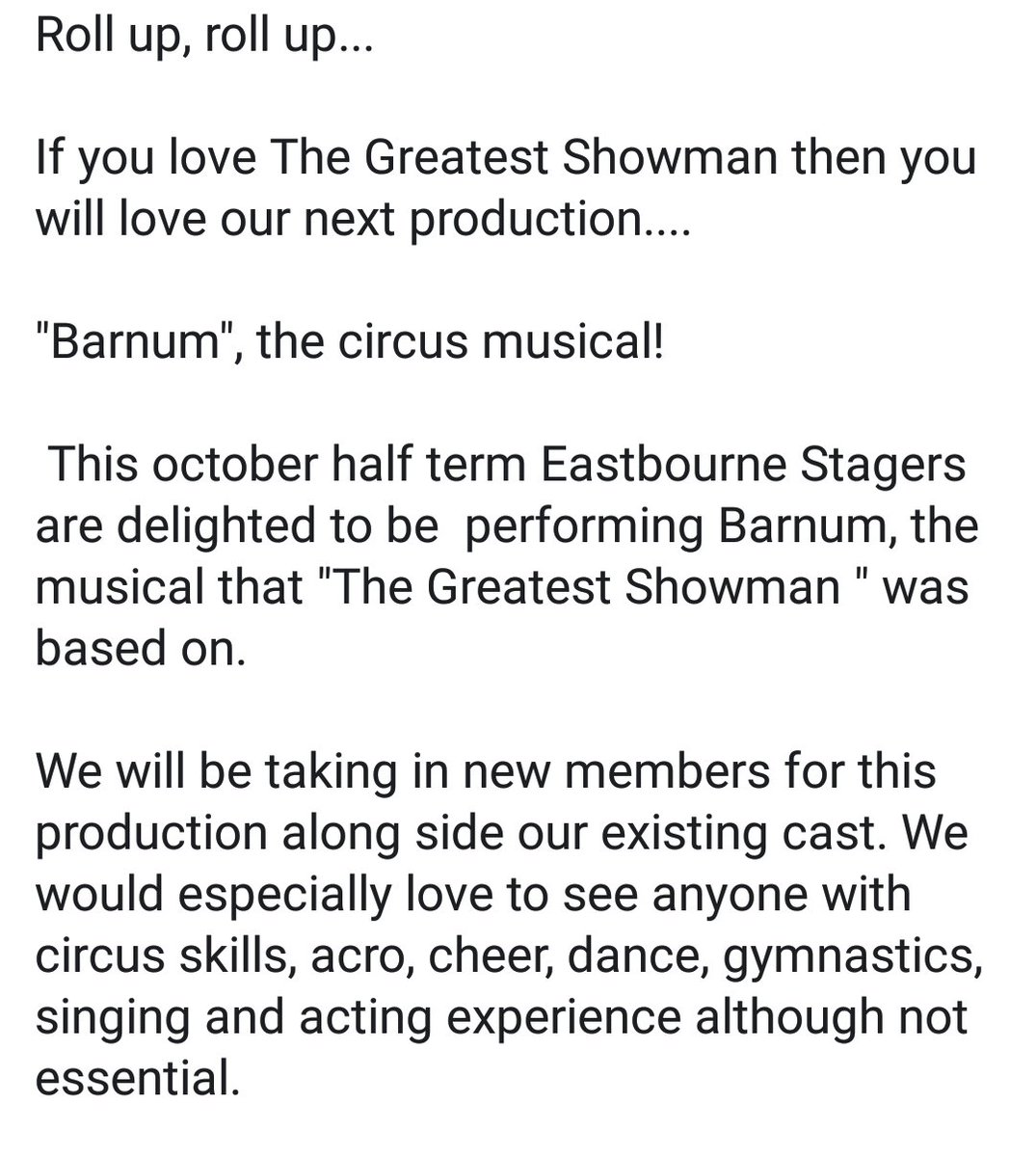 EBStagers's tweet photo. #ebstagers are hard at work rehearsing for our May show of #LittleShopofHorrors at #DevonshireParkTheatre.
NEWSFLASH: our OCT. 1/2 term show has just been announced
We will be performing #BARNUM #eastbournetheatres #localtheatre #musicals #localtalent #eastbourne #eastsussex https://t.co/yNHLyxRGEw
