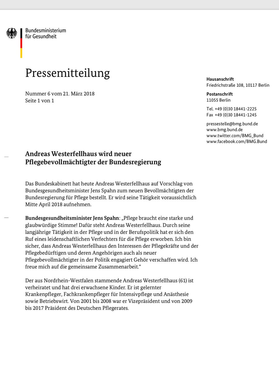 Bundeskabinett hat Andreas <a href="/westerfellhaus/">Westerfellhaus</a> auf Vorschlag vom BM <a href="/jensspahn/">Jens Spahn</a> zum Bevollmächtigten der #Bundesregierung für #Pflege bestellt.