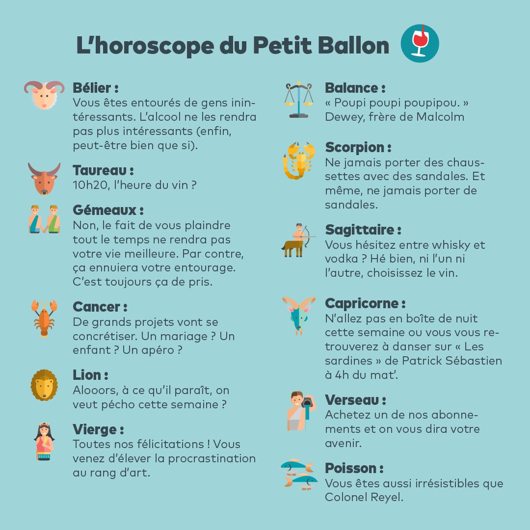 Le Petit Ballon on X: Amour, gloire, beauté et vin. Ne ratez pas  l'horoscope du Petit Ballon ! 🧙‍♂️  / X