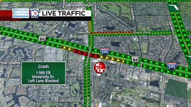 CRASH: I-595 EB & University Dr. A left lane is blocked. #TRAFFIC https://t.co/V5w9rulU1O