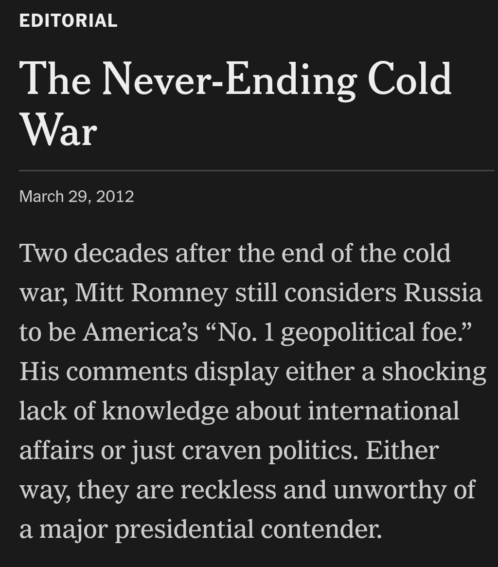 Joseph Adams (@jba101) on Twitter photo That time in 2012 when <a href="/nytimes/">The New York Times</a> proclaimed <a href="/MittRomney/">Mitt Romney</a> unfit for the presidency because...he deeply distrusted Russia.
Ah, the good old days. That time in 2012 when <a href="/nytimes/">The New York Times</a> proclaimed <a href="/MittRomney/">Mitt Romney</a> unfit for the presidency because...he deeply distrusted Russia.
Ah, the good old days.