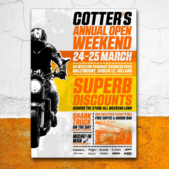 Cottermcs's tweet photo. Only 3 more days to wait until you can get your hands on some major discounts and a whole load of other stuff including bike servicing, cleaning and tyre fitting.

We're still hoping for some sun so we can crack open the BBQ! ☀️☀️
#OpenDay
#CotterMC https://t.co/lHaufgdGbq