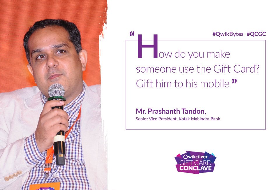 pinelabsprepaid's tweet photo. Mr.Prashanth Tandon, Sr Vice President, Kotak Mahindra Bank, sharing his insights at the Qwikcilver Gift Card Conclave'17 on how convenient it is to have e-gift cards to make the recipient use it on the go.
Save the date 18th April'18 for the upcoming conclave #QCGC #QwikBytes https://t.co/xBjLCwesEX
