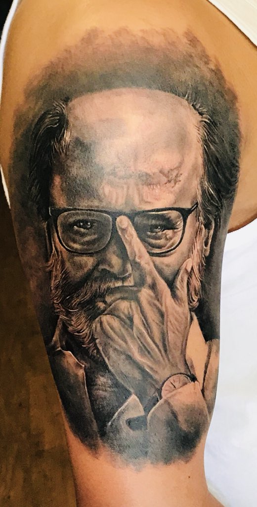 Sampu12's tweet photo. After 12.5 hours of marathon effort, I got myself inked with Thalaivar @rajinikanth @ghilli006 @iamraghuventh @officialairrm @DDDejesh @2point0Kaala @dgowrishankar @teddyjossdavid https://t.co/vJvAIT6aTD