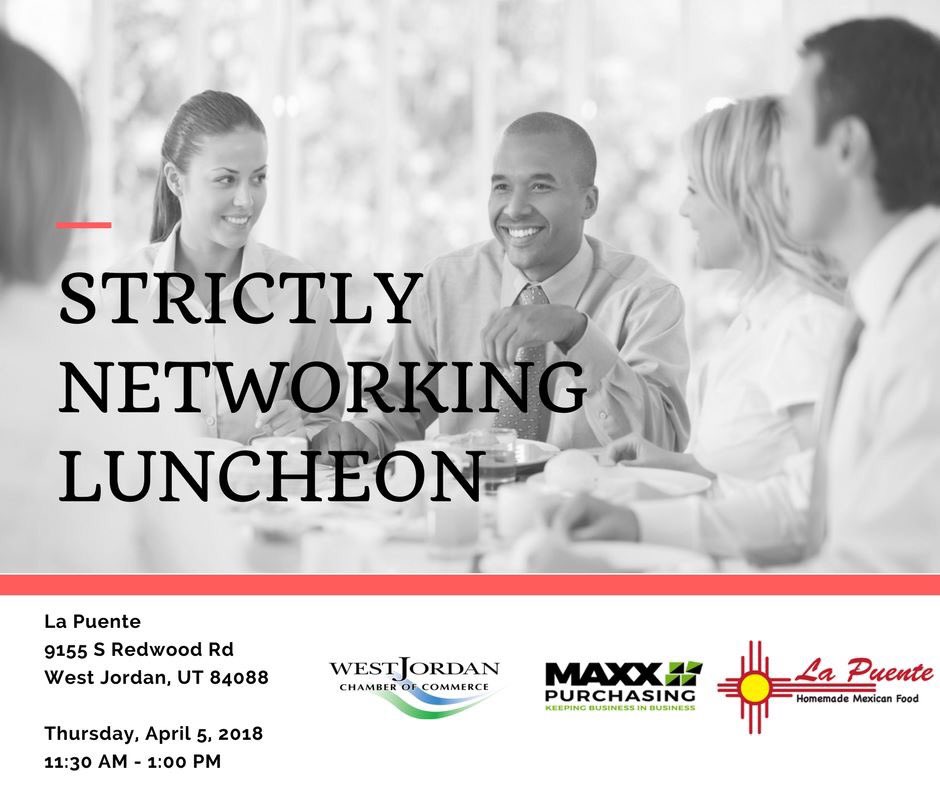 Don't forget!! Tomorrow is our Strictly Networking Luncheon at La Puente West Jordan. No Speakers, no fluff! Just you, sharing your message with other local business professionals in a casual dining environment. 
Don't miss out! 

#strictlynetworking #luncheon #westjordanchamber