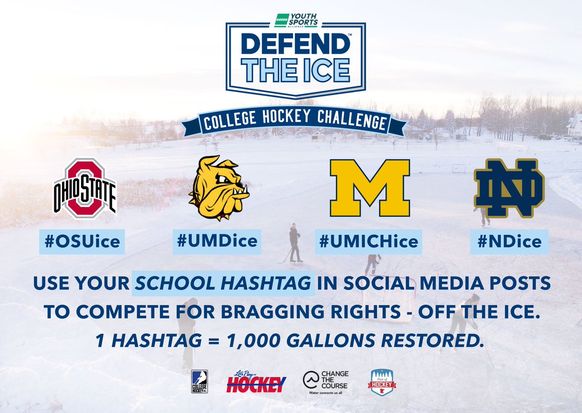 DefendTheIce's tweet image. Together with our partners @collegehockey @LetsPlay_Hockey @mystateofhockey &amp;amp; @ChangeTheCourse let's #defendtheice by using your school's hashtag in all social media posts to restore 1,000 gallons of H2O #FrozenFour #StateofHockey #CollegeHockey #CollegeHockeyChallenge