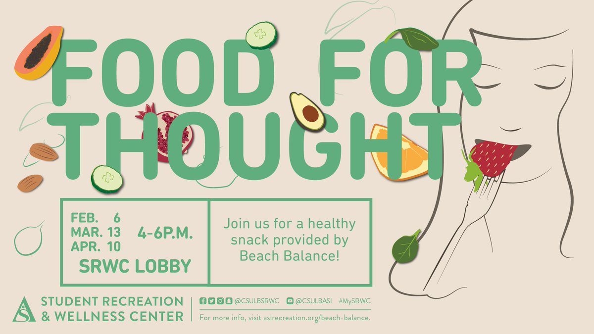 Here's some food for thought -- Food For Thought is happening in the SRWC Lobby on Tuesday, April 10! Stop by before or after your workout and pick up a healthy snack provided by Beach Balance. 🍓🍌🍞 #HealthFirst

For more info, visit asirecreation.org/beach-balance. #MySRWC