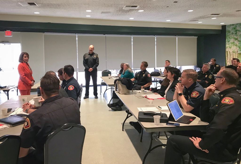 Leader Pelosi speaks with Southern California firefighters on April 4, 2018.