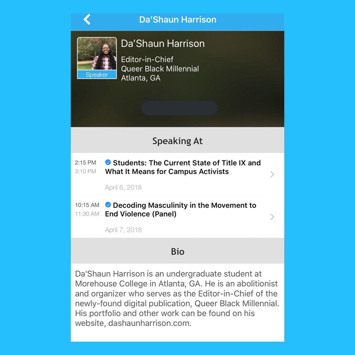 DaShaunLH's tweet photo. Ecstatic about the opportunity to spend this weekend at RespectCon on Emory’s campus here in ATL. I’ll be discussing the state of Title IX as it pertains to student activism, and the role of men/masc people in the anti-sexual violence movement. https://t.co/CDr9SUSuUO