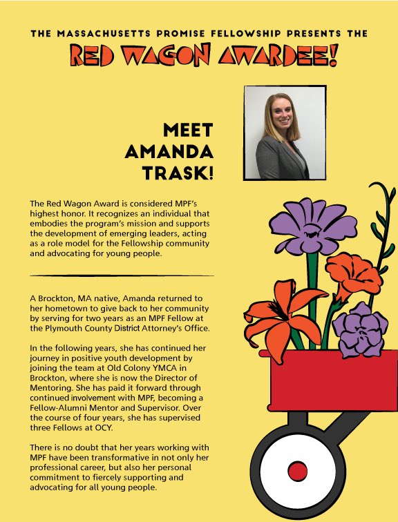 OldColonyYMCA's tweet photo. Let's give a big congratulations to our very own Amanda Trask on being recognized as this year’s Pass the Wagon award winner, and for being such a great mentor and advocate for our youth. We are very proud of you! #PromiseFellowWeek @AmericasPromise @MassPromise @BrocktonPromise https://t.co/jUy0xYqD9C