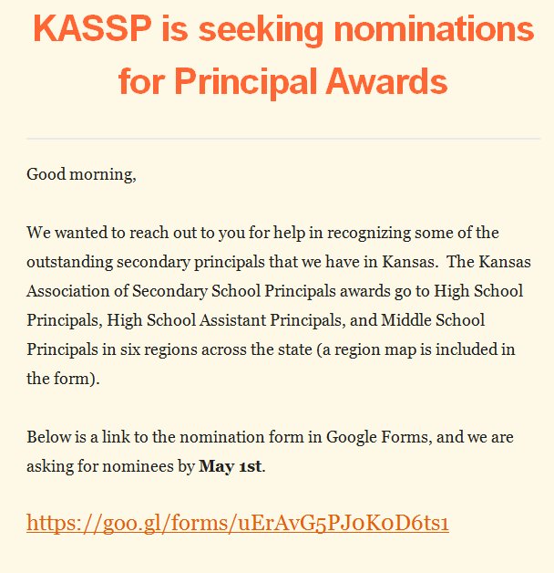 forprincipals's tweet photo. Nominate a great Kansas administrator! Deadline is May 1, 2018. https://t.co/1EXADLqqxU https://t.co/nv6GCSOgHK