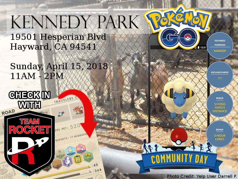 TeamRocketBA's tweet photo. #TeamRocketBA will be hosting April 15 #PokemonGOCommunityDay at Kennedy Park, Hayward, CA from 11AM - 2PM PST!  Park will be lit w/ 3-Hour Lures! Come get checked in for your #thesilphroad badge &amp; catch shiny Mareep with us! 😁@OfficialJTGily @MYSTIC7 @trnrtips @DarkMatterWolf9 https://t.co/EQHKEn5jBr
