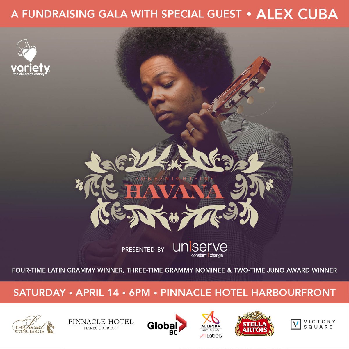 RT to WIN! Retweet this post to enter to win 2 tickets to our #OneNightInHavana Fundraising Gala on April 14! Revel in the sights, sounds and tastes of Cuba featuring four-time Latin Grammy Award winner, three-time Grammy nominee and two-time JUNO Award winner <a href="/AlexCuba/">Alex Cuba</a> !