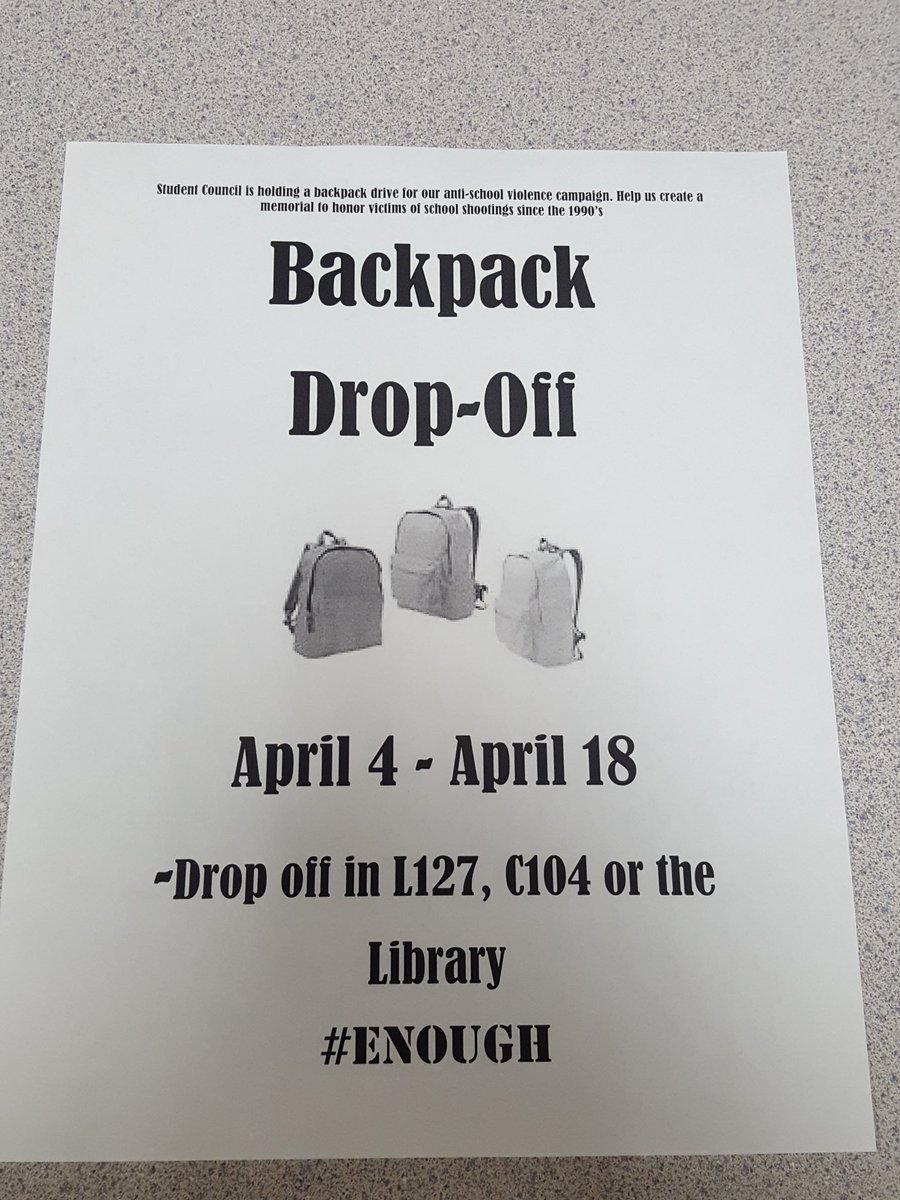 bushstuco's tweet photo. Student Council is holding a backpack drive for our anti-school violence campaign. Help us create a memorial to honor victims of school shooting since the 1990s. #enough #schoolsafety #NoMoreLost https://t.co/6JTi3p9d1r