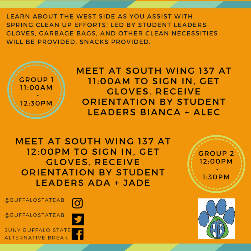 buffalostateAB's tweet photo. SAVE THE DATE 🗓️
Join the Alternative Break Student Leadership Team for their week of events beginning April 9 with a community service opportunity. 
#abweek #alternativebreak #CommunityService #GetInvolved #grantstreet #buffalostate https://t.co/YDLWqEm5Qs