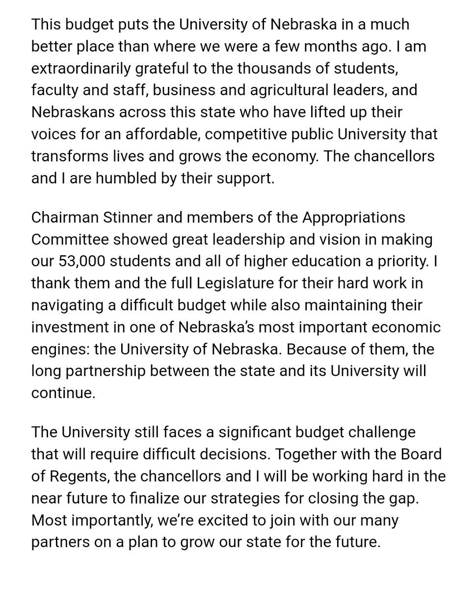 u_nebraska's tweet photo. Statement from Prez @hankbounds on the state budget: "I am extraordinarily grateful to the Nebraskans who have lifted up their voices for an affordable, competitive public University that transforms lives and grows the economy." https://t.co/kEVWa0r8Tl
