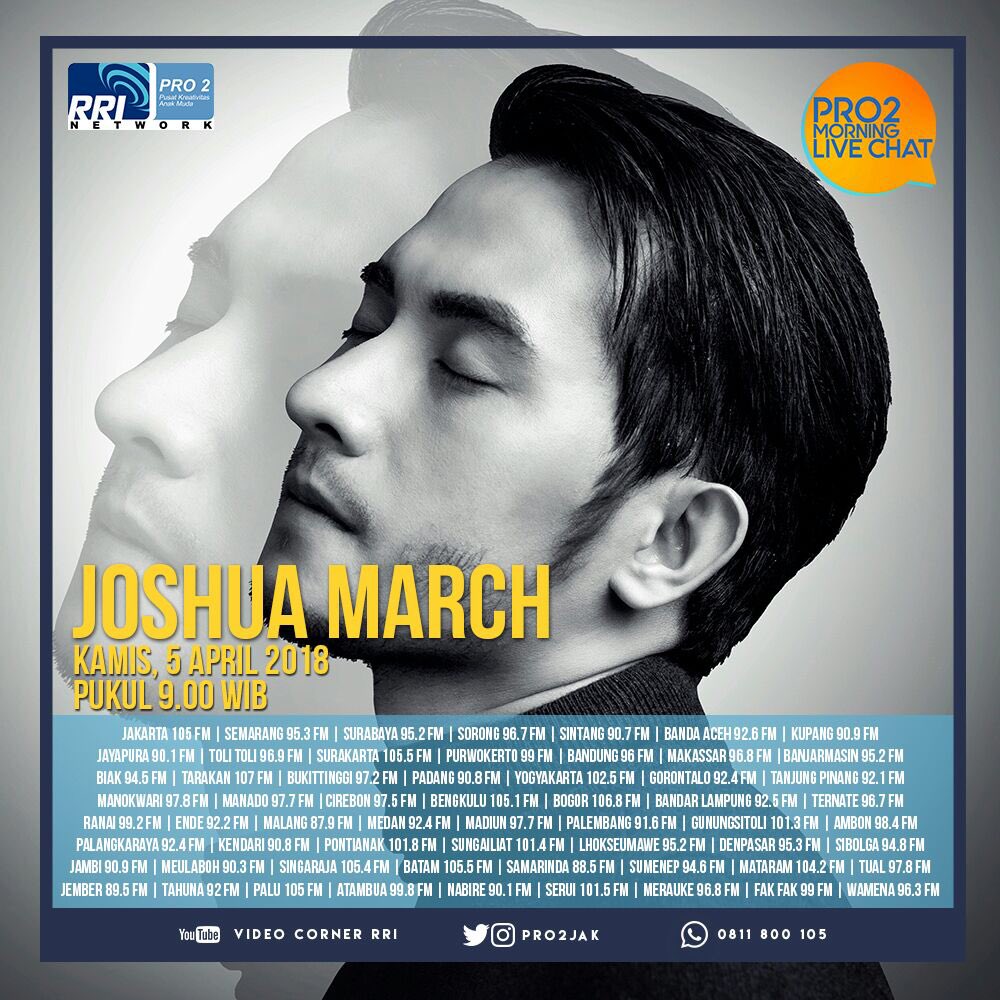 Morning Live Chat Hari ini bersama Kak <a href="/joshuamarch/">Joshua March</a> Jam 10.00Wita live dari @Pro2Jak , Sahabat bisa mendengarkan di 107 fm #JoshuaMarchDiPRO2FM #JoshuaMarchDiPRO2FM