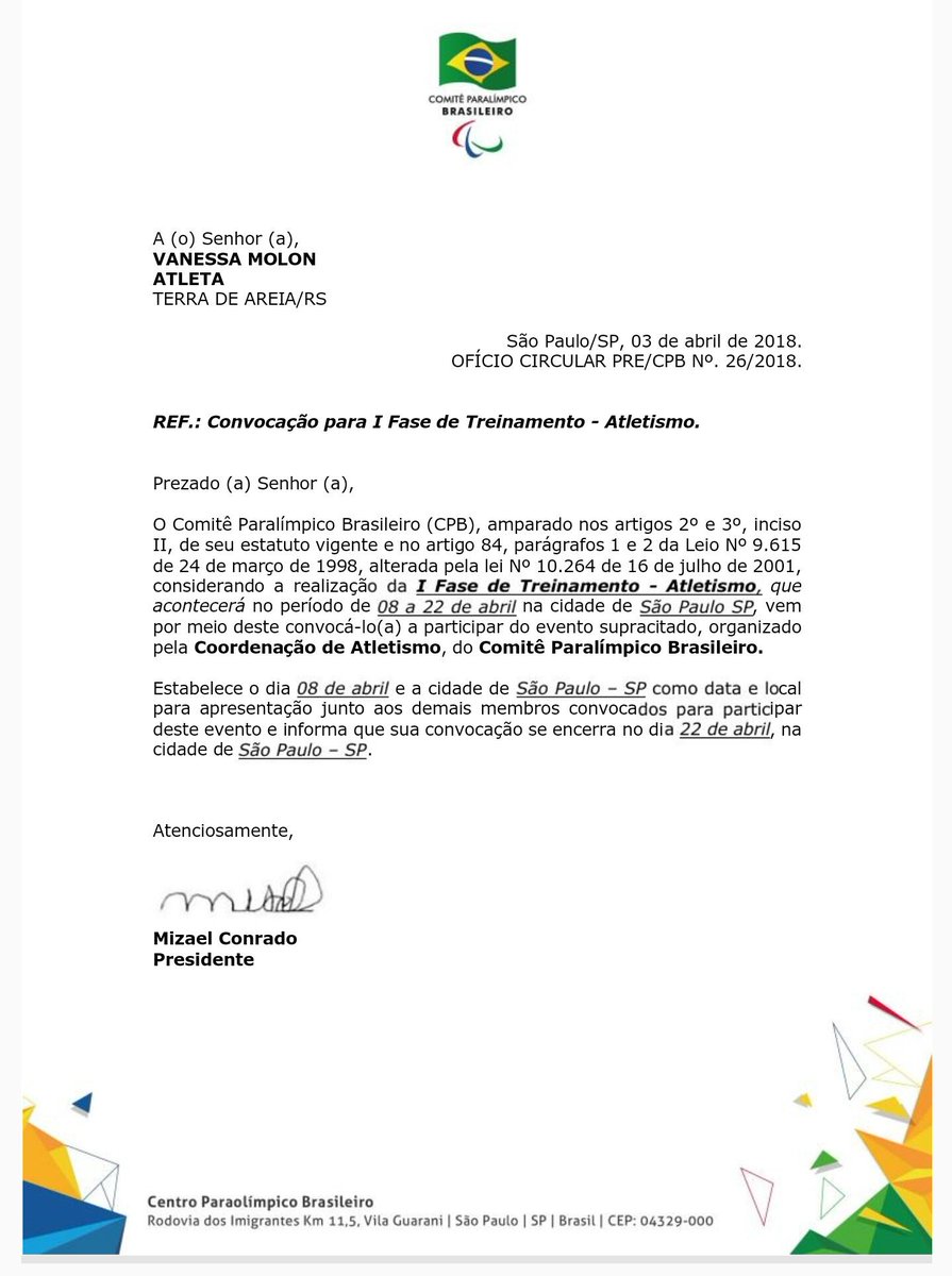 Aser Ramos e Vanessa Molon foram convocados para a seleção brasileira de atletismo. Os atletas participarão de fase de treinamentos e disputarão o Open Internacional, que acontecerá no CT Paralímpico, em São Paulo.