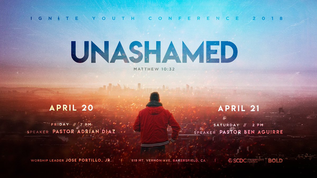 SCDCMOP's tweet photo. When we stand for Him on earth, He stands for us in heaven. (Matthew 10:32) #unashamed #scdcignite2018 #scdcmopbold
Ignite Youth Conference 2018 // April 20-21
Friday • 7 pm // Saturday • 2 pm
Bakersfield Apostolic Church
519 Mt. Vernon Ave, Bakersfield, CA https://t.co/fbFzyZuadl