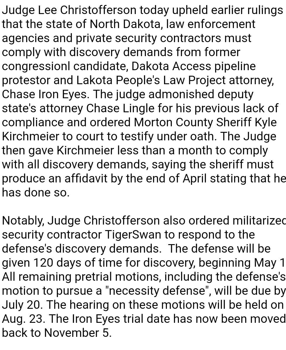 msainat1's tweet image. Breaking: Judge rules in favor of Chase Iron Eyes. Law enforcement and security agencies have to hand over evidence to the defense they've previously withheld