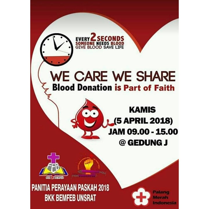 Syalom.. 
Bagi teman-teman yang rindu untuk membantu orang lain melalui donor darah, pada hari ini Kamis 5 April 2018 akan dilaksanakan donor darah di Gedung J FEB Unsrat. 
Setiap 2 detik seseorang memerlukan darah. Karena setetes darah anda menyelamatkan.

Tuhan Yesus memberkati