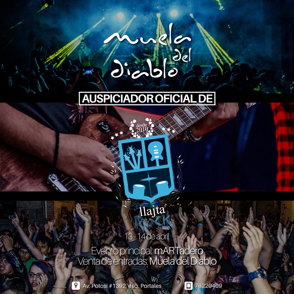 Se viene un enorme festival !
Llajta Rock!
13 y 14 de abril - en los previos del proyecto mARTadero 
Compra tus entradas en Muela del diablo 
Todos los días desde las 17:00
#Cochabambacompone #Cochabambaproduce #Cochabambacrea #CochabambaNoimita
#Mueladeldiablo10añossintributos