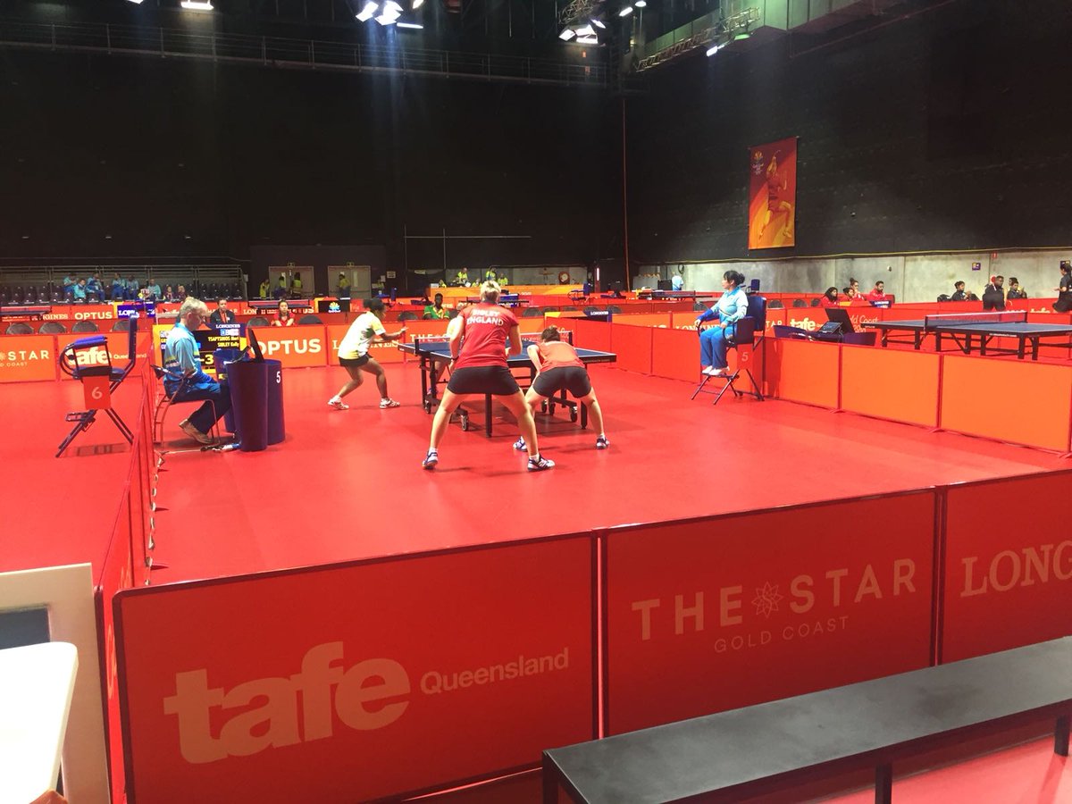 And they’ve won against Guyana 3-0! Ho vs Cummings 11-5, 11-5, 11-5. Sibley vs Lowe 11-2, 11-9, 11-6. Tsaptsinos &amp; Sibley vs Cummings &amp; Greaves 11-1, 11-5, 11-3 #GC2018 #TeamEngland