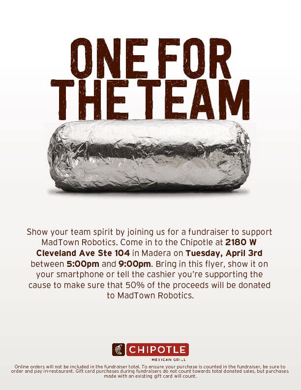 Tomorrow’s the day! Go out and support MadTown Robotics @ Chipotle between 5:00 PM and 9:00 PM. Help send us to World Champs!