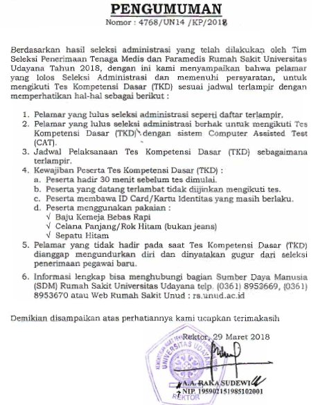 Pengumuman Pelamar yang Memenuhi Persyaratan Administrasi Lowongan Kerja Pegawai Kontrak RS UNUD 2018 dlvr.it/QNDS01