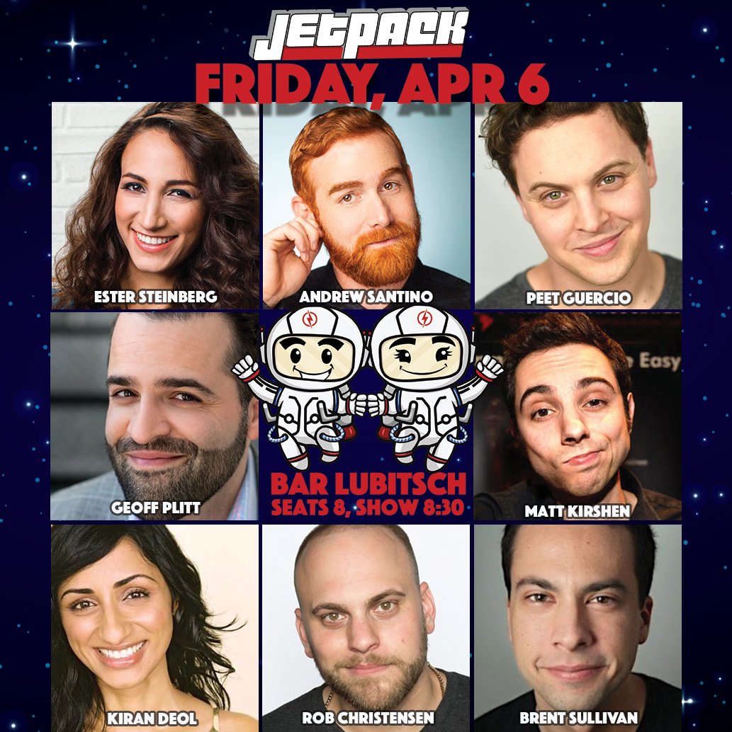JetpackComedy's tweet photo. This Friday 4/6 8pm | Free standup show @BarLubitsch!
with @EsterKay @CheetoSantino @mattkirshen @DeolKiran @roblovesbagels @DrBrentJames @CalebSynan @GeoffreyPlitt @PeetGuercio
#jetpackcomedy #hollywood #lacomedy #losangeles #losangelesevents #laevents #barlubitsch #comedy https://t.co/hMGqgYVBII