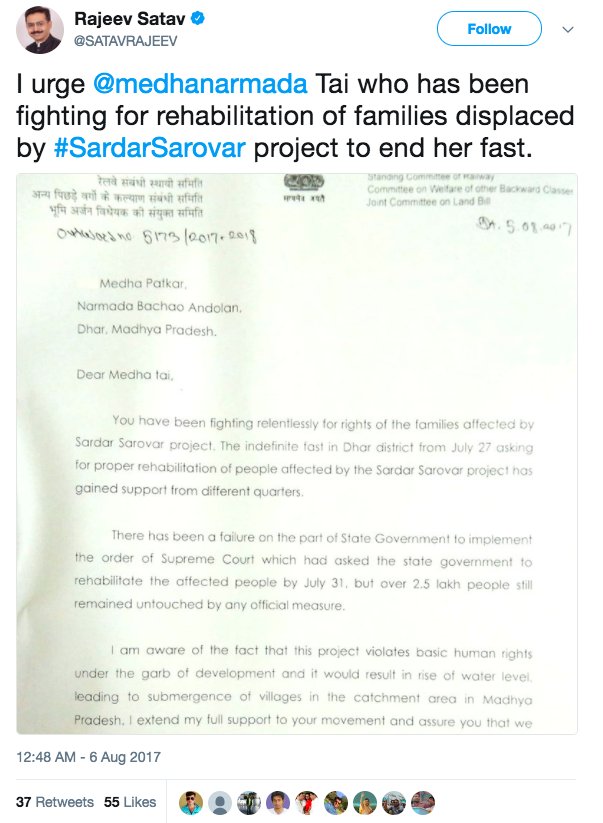 Three days after his appointment as Gujarat Congress incharge, Rajeev Satav deletes his last year tweet against Narmada dam project