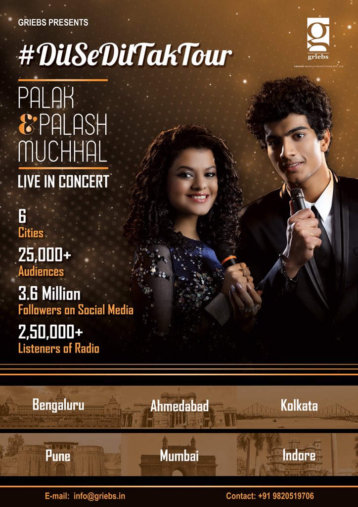 GriebsMedia's tweet photo. Griebs is proud to announce the #DilSeDilTakTour
6 City Tour ft. @palakmuchhal3 And @Palash_Muchhal Live In-concert.
Bangaluru | Ahmedabad | Kolkata | Pune | Mumbai | Indore
#PalakAndPalaashLive #PalakMuchhalLive #Palakians #GriebsEvents https://t.co/PnAmx1XyaO