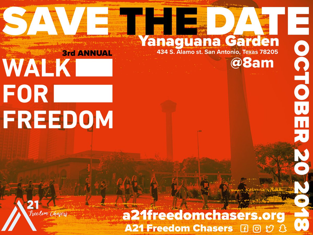 ForFreedomInit's tweet photo. 📍Save The Date📍
Walk For Freedom 2018
You don’t want to miss out!! Stay tuned for more info...
__
#WFF2018 #WalkForFreedom2018 #WalkForFreedom #A21FreedomChasers #FreedomChasers #SanAntonio #HumanTraffickingAwareness #Endit #EndHumanTrafficking #A21 #ForFreedom https://t.co/7GqgEjRG3m