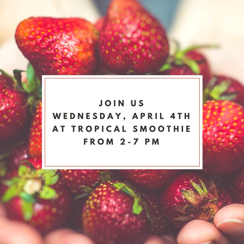We are getting excited for our fundraiser this week! Come join us at Tropical Smoothie from 2-7 p.m. this Wednesday for good smoothies and good company 🍓😊