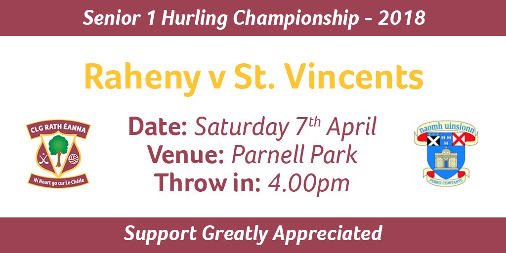 RahenyGAA's tweet photo. Senior 1 Hurling Championship 2018

Raheny v St. Vincents

Saturday 7th April, Parnell Park at 4pm. 

#hontheparish #ratheanaighabu #ratheannaabu #raheny #sport #hurling #gaa #dublin @seniorhurling https://t.co/3ocGRFM2PT