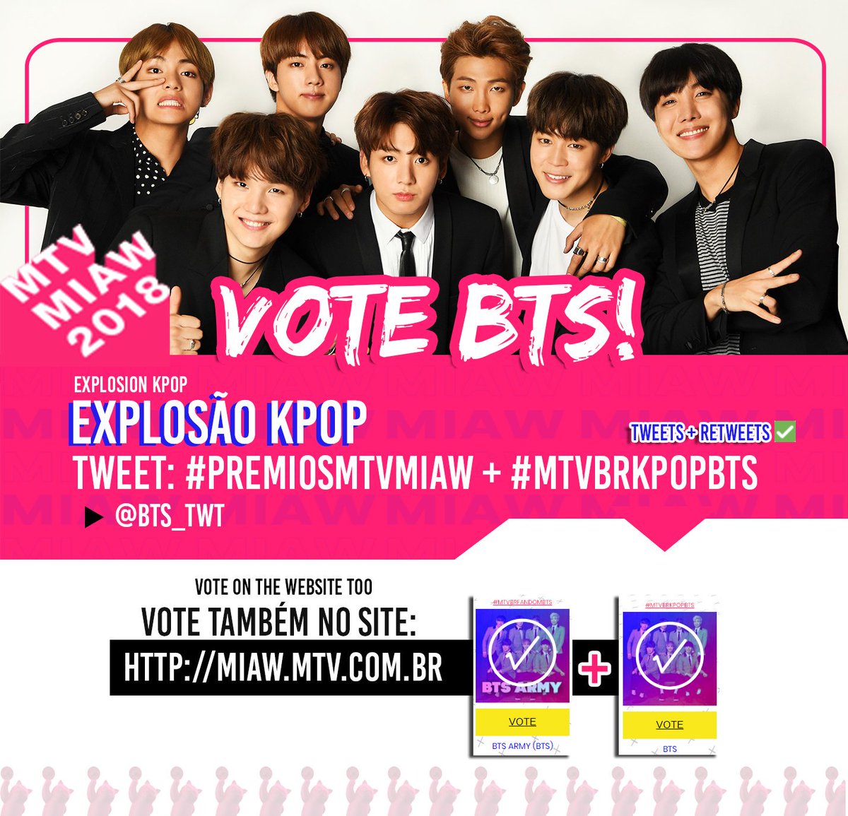 lNDOMY's tweet photo. [🚨] RETWEET to vote @BTS_twt to win 'KPOP Explosion' on MTV Millennial Awards Brasil 2018! 

#PremiosMTVMiaw #MTVBRKPOPBTS https://t.co/a16ZlgptEn