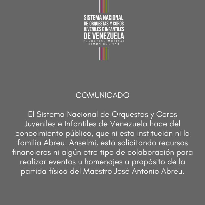 Comunicado de El Sistema, la Fundación Musical Simón Bolívar y la familia Abreu Anselmi 
#SomosElSistema
#TocarCantarYLuchar
#ProyectoSocialPedagogicoYArtistico