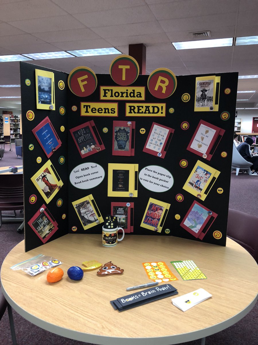dhaneski's tweet photo. A-1 #FAMEchat @MSDlibrarymedia A Florida Teens Read display is created to promote reading the 15 titles. Ss open the book flap and read about the book. It can move around the library and visit classrooms throughout the year. #MSDStrong @FloridaMediaEd @FLTeensRead https://t.co/mkYZtcB10Z