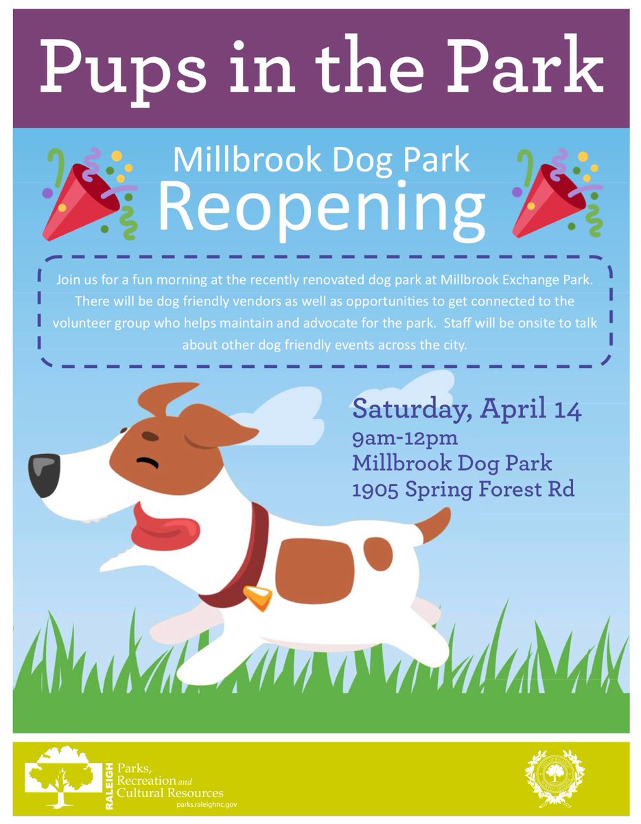 MillbrookDogs's tweet photo. If you haven’t heard, we have your plans for Sat April 14th! @raleighparks is hosting a special party to celebrate our recent makeover, and it’s going to be totally pawsome🐾🎉 https://t.co/cEGbKSedWK