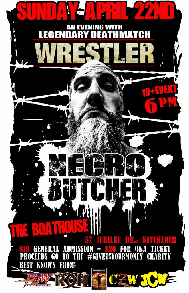 Deathproof Fight Club x @NoLimitsWres present: “Road Stories with Necro Butcher” #LIVE at the Boathouse in #Kitchener Sunday April 22nd; Hosted by “the King of Pain” WarHed... details available at facebook.com/events/2882522… via @facebook *LIMITED TICKETS AVAILABLE*